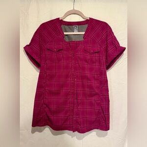 REI Cute Berry-Plum Plaid Hiking & Travel Shirt XL Secret Pocket A-Line Vneck